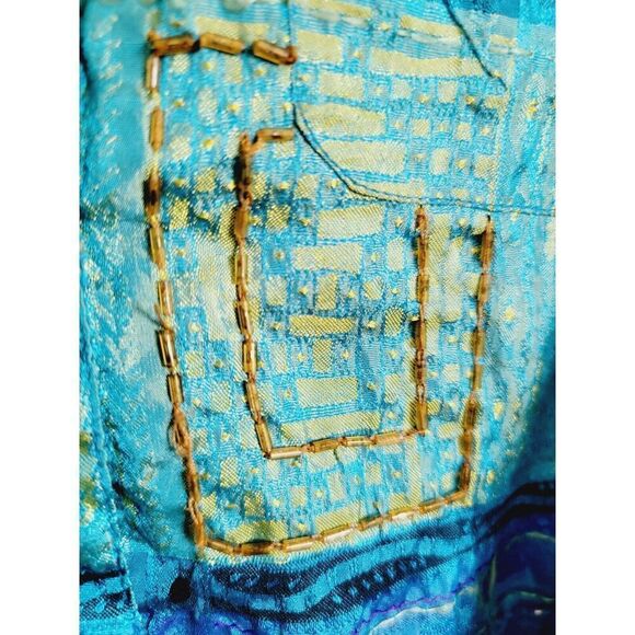 Chico's Design 1 Blouse Size Med. Button-Up Beaded Sequin Aqua 3/4 Slv. Vintage - Picture 6 of 8